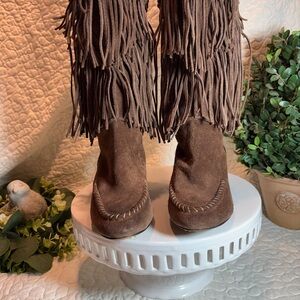 7 For All Mankind Brown Leather Suede Fringe Heeled Boots